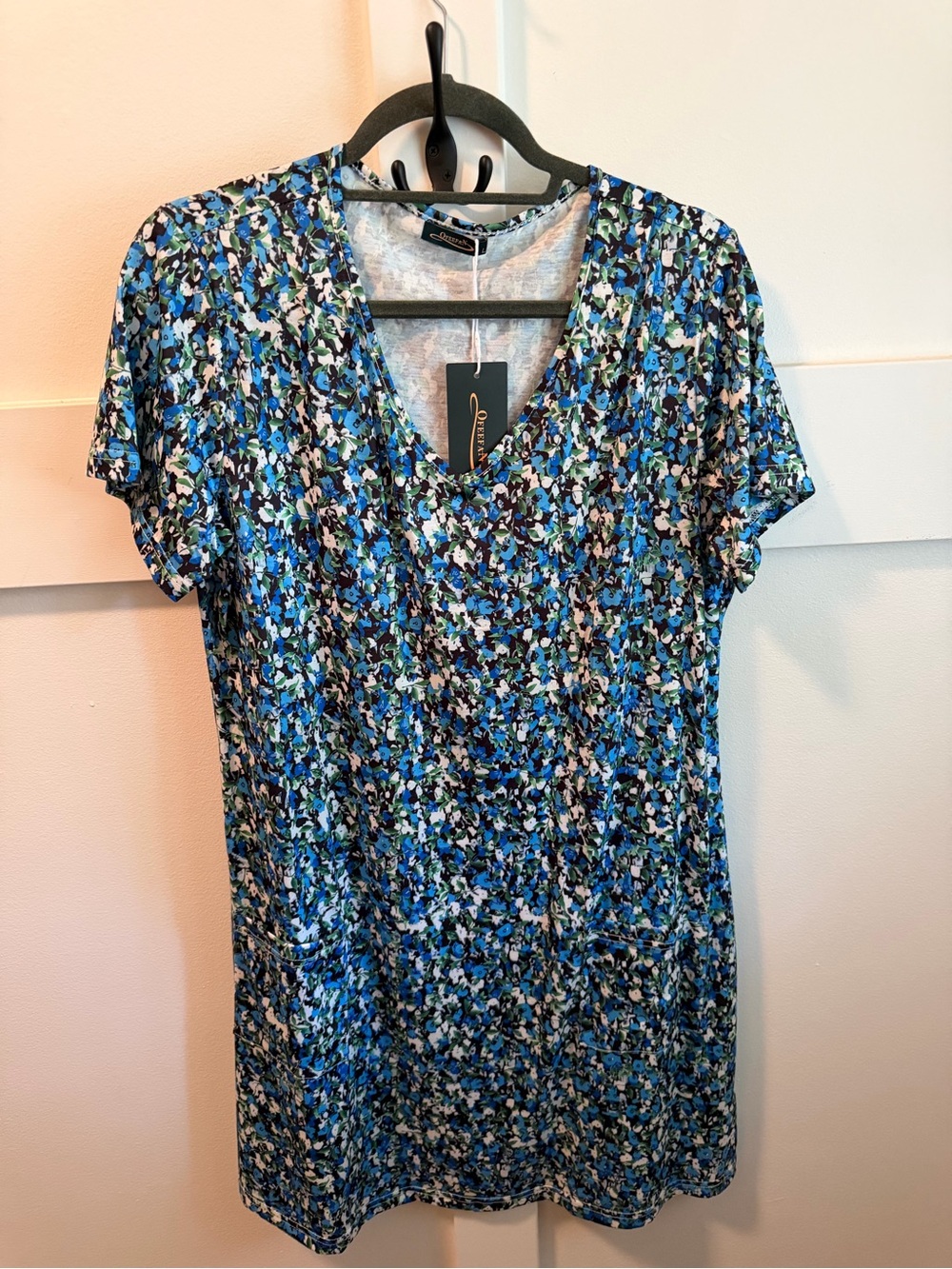 Blue Floral V-Neck Short Sleeve Mini Dress
